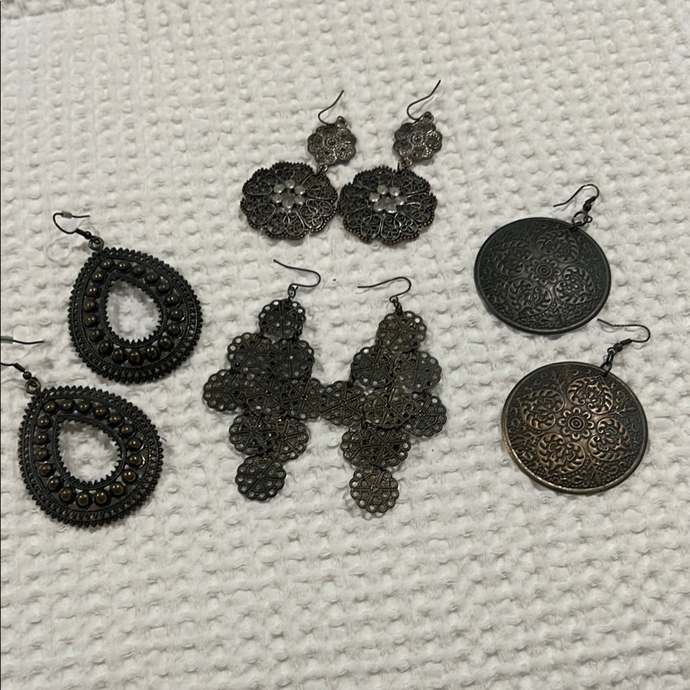 Bronze Assorted Dangle Drop Earrings Approx 3“ Long Boho Unique Metal Set of 4